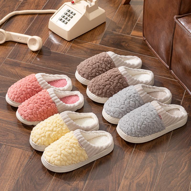 Cotton slippers autumn and winter thick bottom comfortable simple color matching plush indoor home warm couple shoes