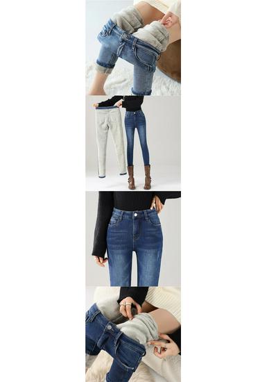 Women's High-Waisted Fleece-Lined Slim-Fit Denim Jeans for Winter Warmth