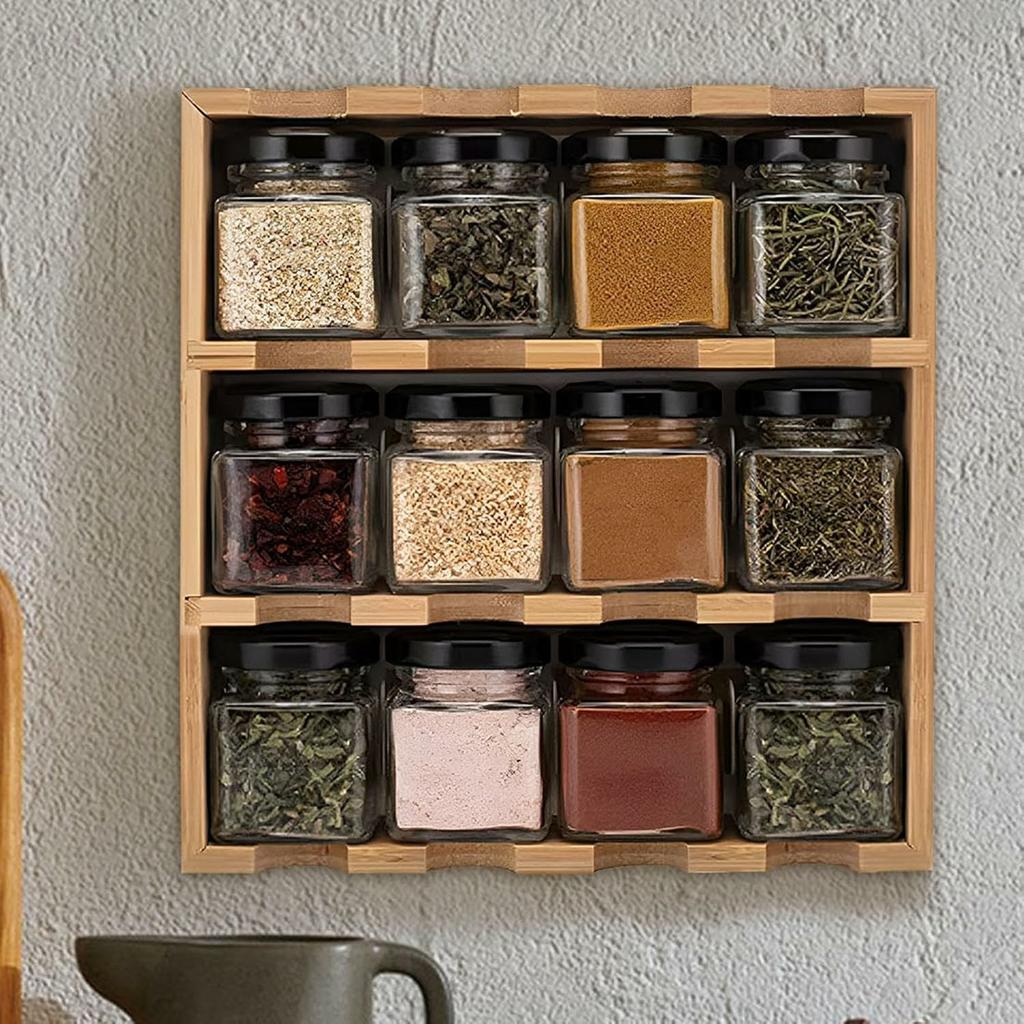 Bamboo Wood 12 Compartment Spice Rack Organizer For Kitchen Multi-Tier Storage Shelf With Jars