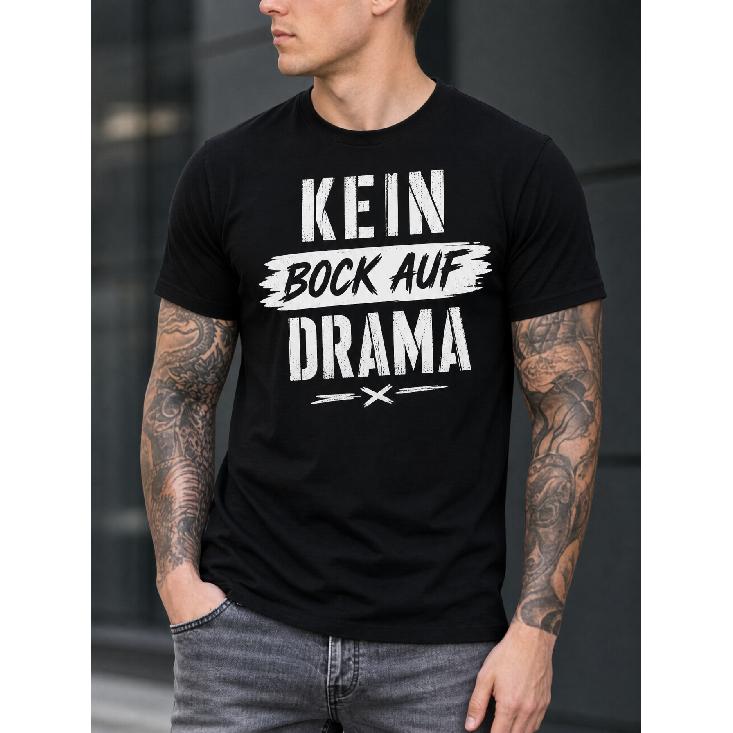 Men s Black Short Sleeve T-Shirt with German Phrase Kein Bock Auf Drama Graphic, Crew Neck, Soft Cotton Blend, Casual Streetwear Fit for Everyday S чёрный