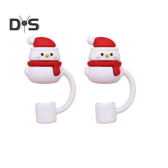 2 szt. Świąteczna silikonowa nakładka na słomkę 10 mm wielokrotnego użytku odporna na kurz nakładka na kubek dekoracja na imprezę Święty Mikołaj bałwan łoś dzwonki choinkowe końcówki słomkowe