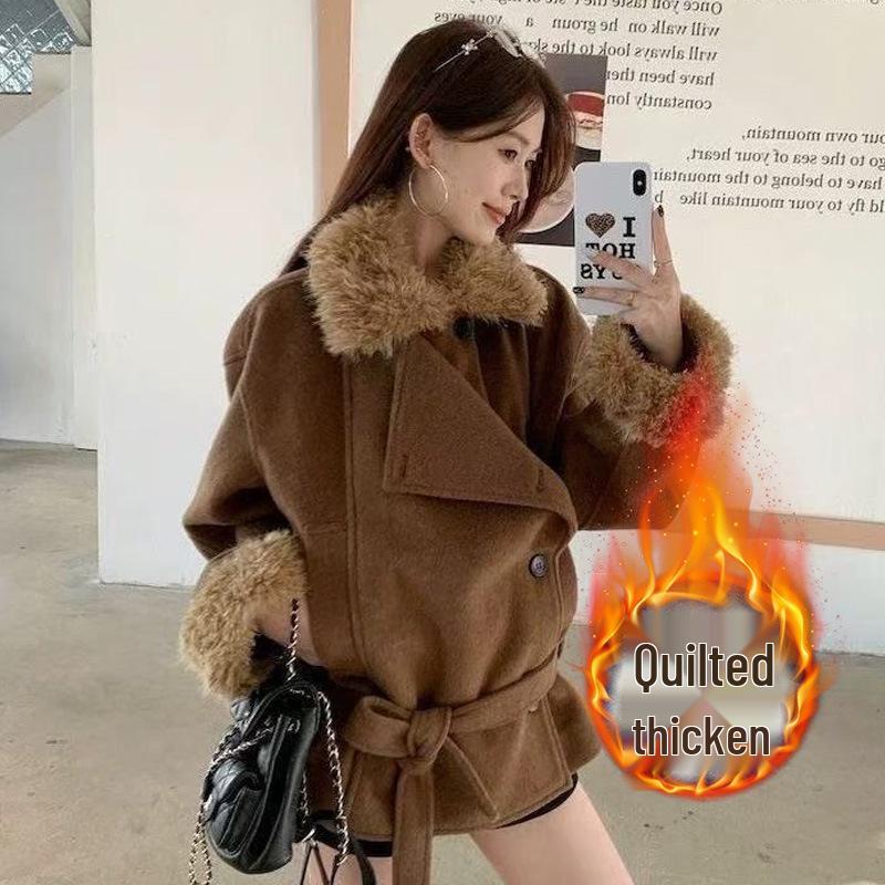 

Women s Short Woolen Coat with Retro Fur Collar - Thickened for Winter 2025, Korean Style, Small Stature XL
