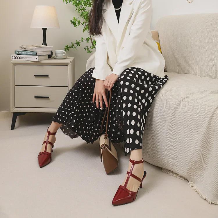 Retro Hong Kong Polka Dot Patchwork Midi Skirt: Elastic Waist, Irregular A-Line, Versatile Pleated Skirt for Women