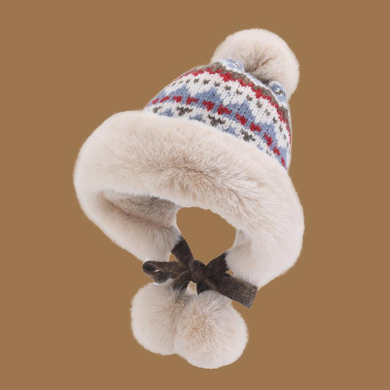 New Winter Knitted Plush Ear Protection Hat Thickened Plush Warmth Lei Feng Hat National Style Cold Proof Hair Ball Big Head Circumference
