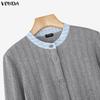 VONDA Womens Crew Neck Striped Stitching Texture Casual Cropped Fitted Tops Blouse