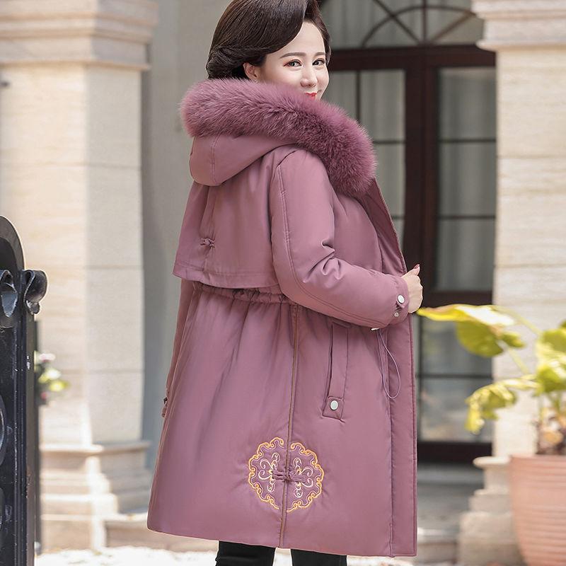 Winter Thickened Cotton Coat with Fleece for Mother with Embroidery Decoration