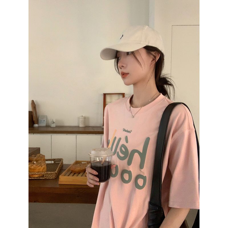 

Vs What Holiday Oni Short Sleeve Women s T-Shirt Chic Korean Style Tops Plus Size Lazy T-shirt Letter Half Sleeve Pink XL