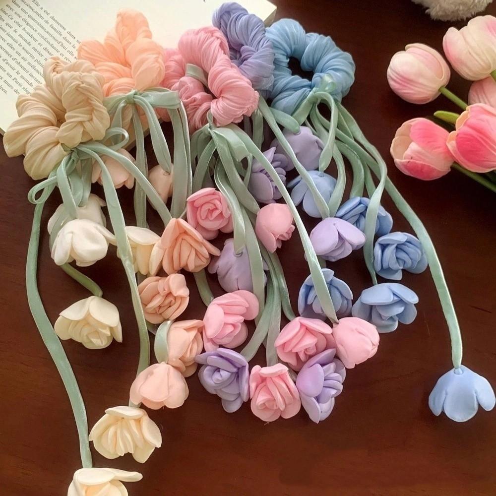Beautiful Tulips Floral Floral Scrunchie With Dangling Ribbon Ethereal Design Hair Accessory Le Muguet Hair Tie Hair Styling
