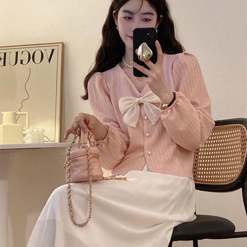 Pink V-Neck Puff Sleeve Bowknot Shirt - French Chic Women's Spring Top