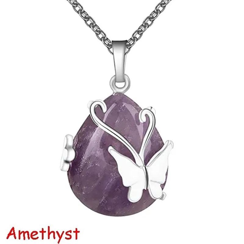 

Vintage Wire Wrap Butterfly Gemstone Amethyst Opalite Healing Crystal Pendant Necklace