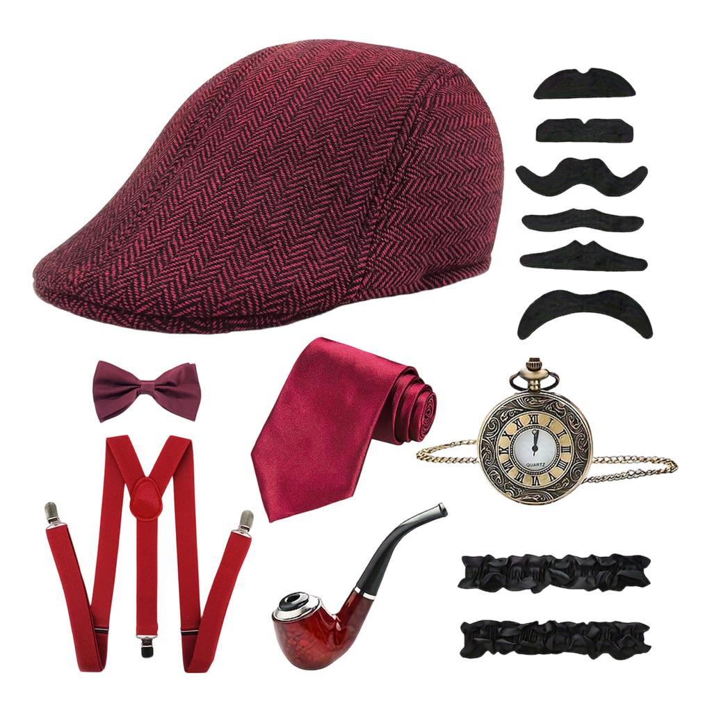 Ensemble de costume de fête rétro britannique pour homme avec haut-de-forme, pipe, montre de poche, barbe, cravate, gilet et nœud papillon