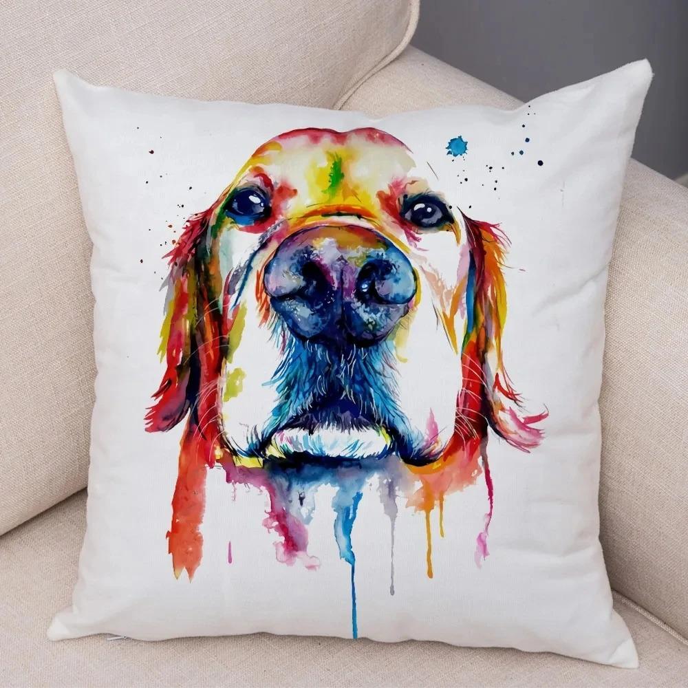 Cute Watercolor Pet Dog Pattern Pillowcase Car Ornaments Office Living Room Sofa Home Pillowcase