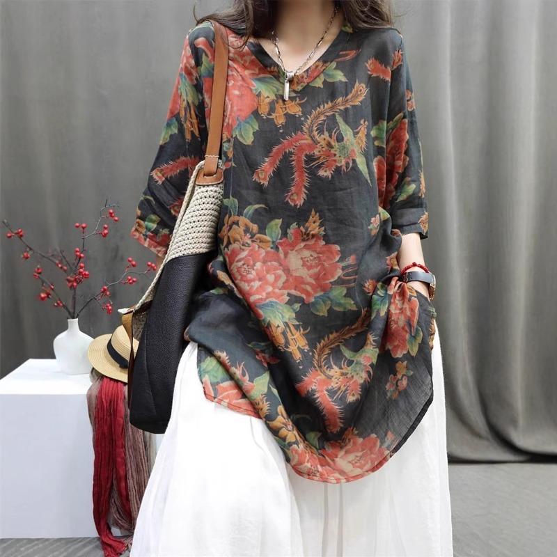 Women Loose V Neck 3 4 Sleeve Printed Vintage Casual Midi Shirt Dress M