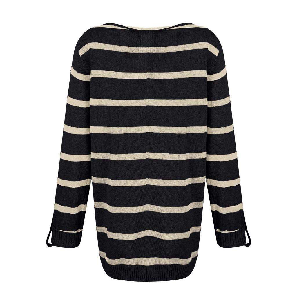 Women's Solid Color Contrast Striped Pullover Round Neck Loose Sweater Sweater