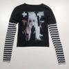 Y2K Spring and Autumn Black and White Stripe Splicing Round Neck Anime Cartoon Pattern Printed Casual Top