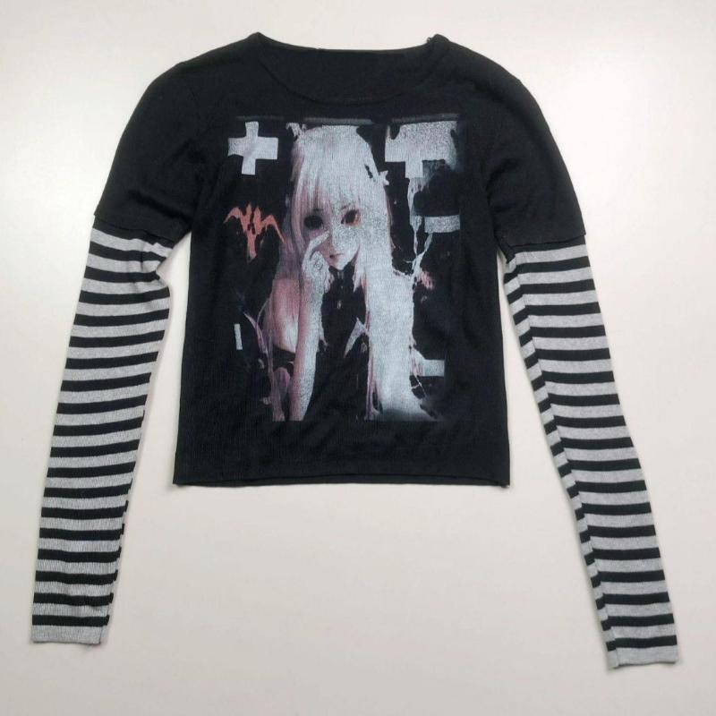 

Y2K Весна та Осінь Чорно-Біла Смужка Зшивання Круглий Виріз Аніме Мультяшний Візерунок Друкований Повсякденний Топ L чорний