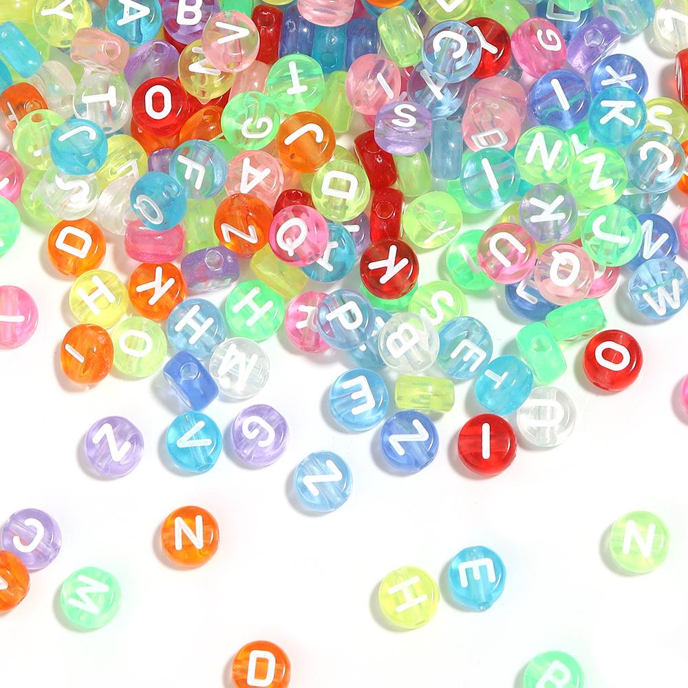 100pcs/Lot 7mm Mixed Letter Acrylic Beads Colored Transparent Round Flat Spacer Alphabet  Beads For DIY Craft Bracelet Necklace
