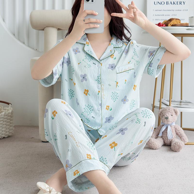 1011 new pajamas women's summer cloud cotton short-sleeved trousers two-piece set Japanese large-size printed loungewear autumn
