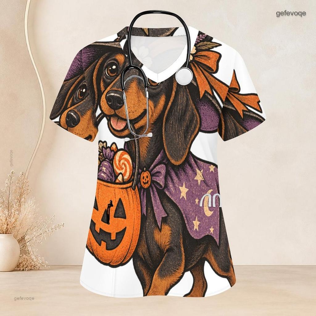 Top de uniforme de enfermera para mujer talla grande con cuello en V, manga corta, estampado de Dachshund de Halloween, con bolsillos