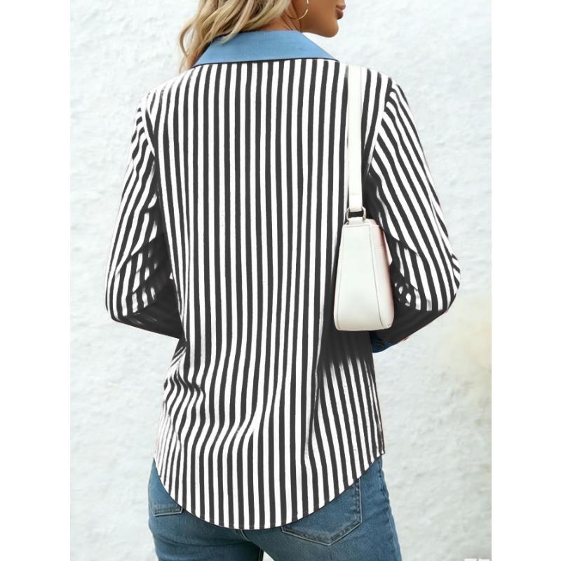 Women Color Block Stripe Splicing Loose Long Sleeve Collared Shirt