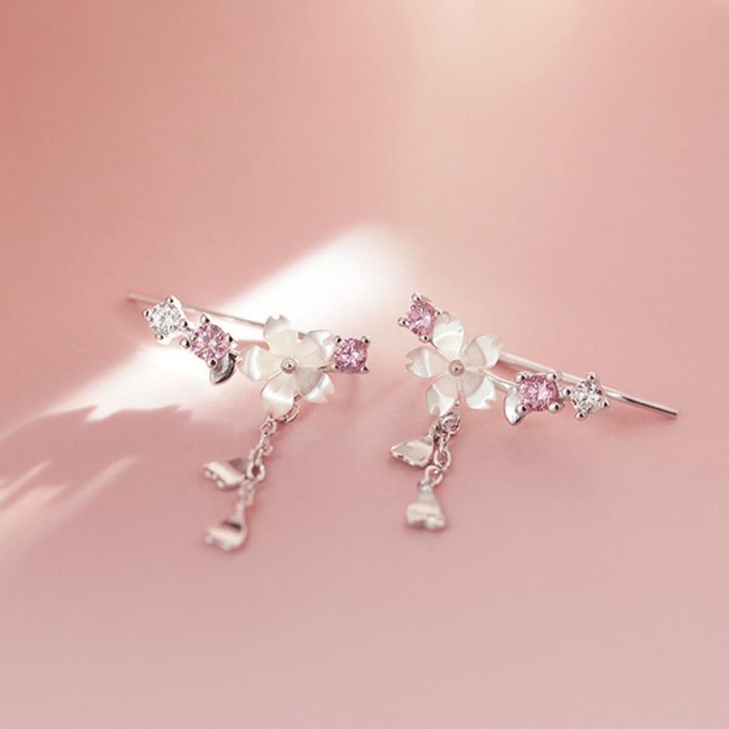 Romantyczne kolczyki sztyfty w kształcie muszli z kwiatami wiśni dla kobiet i mężczyzn, eleganckie kolczyki z różowym cyrkoniem w kształcie kwiatu z frędzlami, biżuteria bankietowa