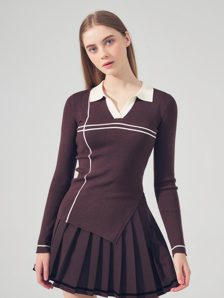 LORDLOAR Diagonal Slit Ribbed Collar Knit Brown