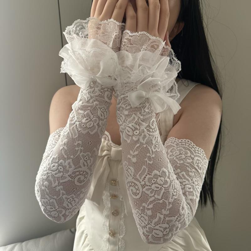 Sweet Mesh Warm Long Fingerless Gloves Knitted Lace Arm Sleeves Elastic Ruffle Decorative Girls Lolita False Cuffs