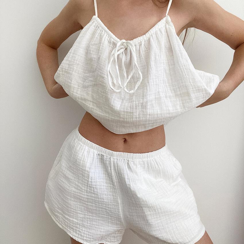 Cotton Women'S Sleepwear 2 Piece Set Sexy Spaghetti Strap Pajamas Lace Up Nightwear Shorts Causal Ladies Home Clothes