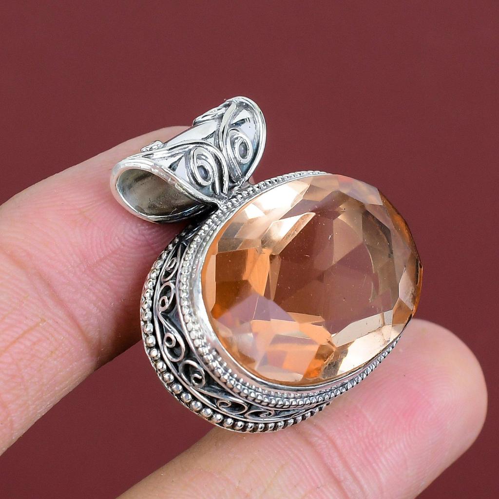Faceted Morganite Pendant Genuine Gemstone Pendant 925 Sterling Silver Pendant Handmade Boho Pendant Vintage Design Jewelry Gifts For Mother