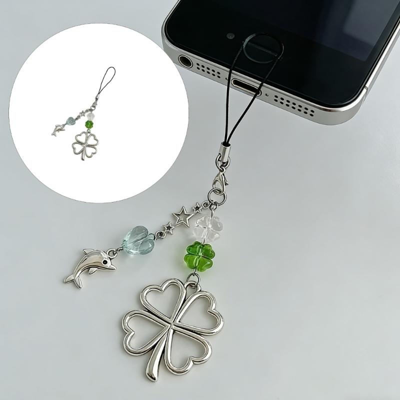 Large Four Leaf Clovers And Dolphin Charm Silver Alloy Keychain For Phone Bag Or Keys Keyring Decoration