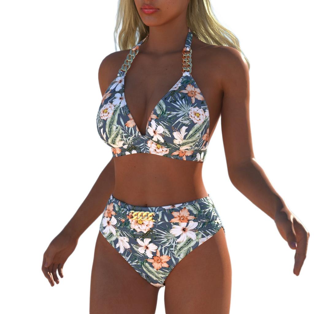 New European and American Tropical Printed Bikini Women's Split Swimsuit Sexy Suspender High Waist Beach Vacation Swimming
