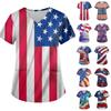 Ladies' Independence Day Printed Fashionable V-neck Pocket Short Sleeved Uniform and Caregiver Top