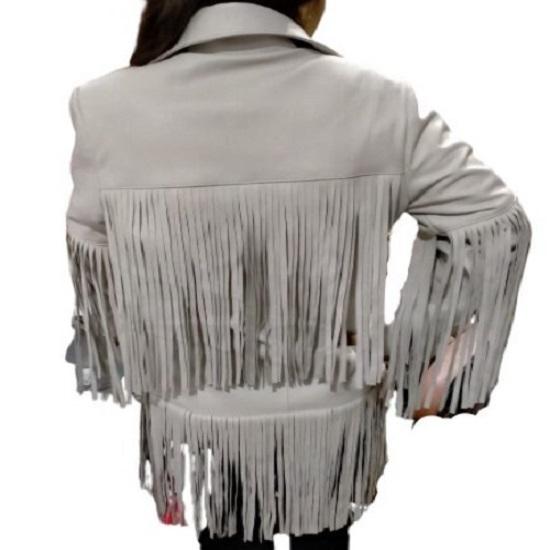 Noora Women's White Genuine Lambskin Leather TRENCH Coat, Western Style TASSEL Jacket, Boho COWGIRL Fringed Style Leather Long Coat, Gift for Her