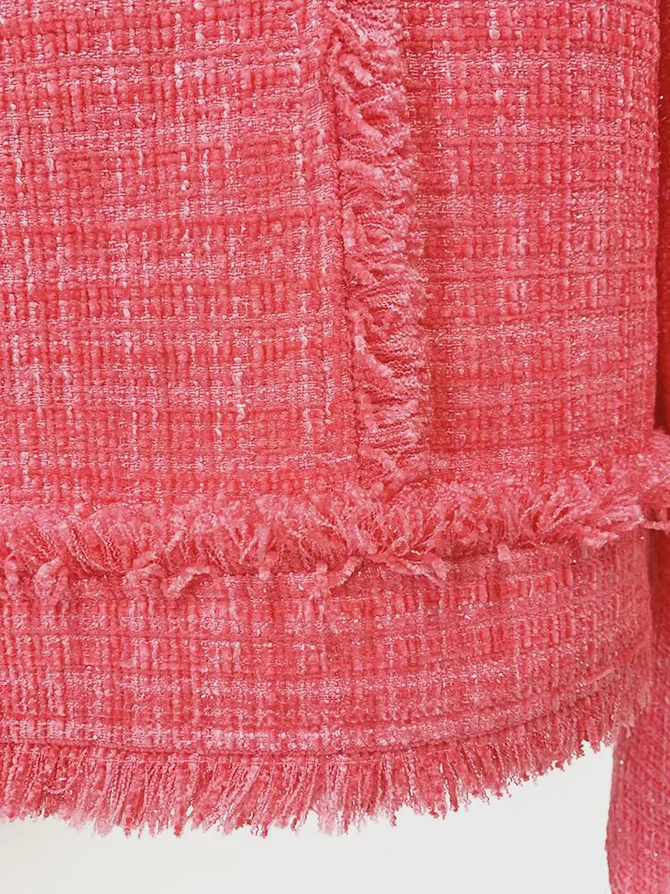 2025 Autumn/Winter European & American Fashion Pink Tweed Wool Jacket with Beaded Badge