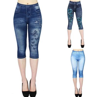 Women's Fashion Printed Capri Pants Slim Fit Stretch Denim Look Mid-Calf Length Five Point Pants for Summer Casual Wear