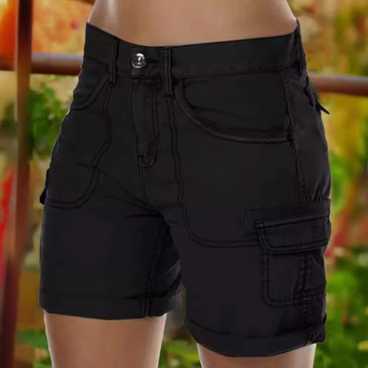 Women'S Cargo Shorts Loose Solid Color Mini Pant Summer Beach Shorts Buttons Short  Pants Trousers