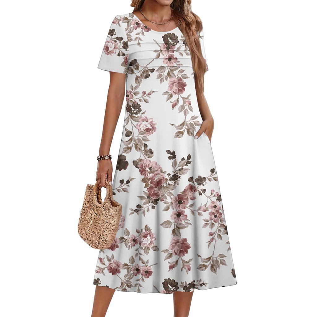 Ladies' Floral Printed Casual And Fashionable Short Sleeved Round Neck Dress