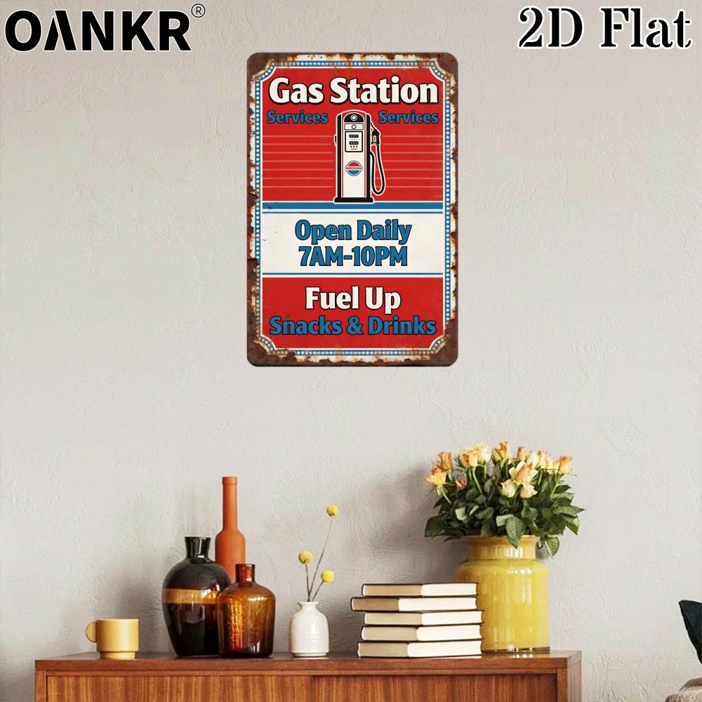 Vintage Gas Station Services Open Metal Tin Sign Chic Metal Signs for Man Cave Garage Farm Bar Garden Home Wall Decor Plaque