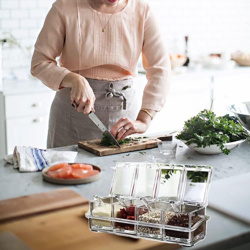 4pcs Clear Spice Jar Set with Dinner Spoon and Tray Durable, Airtight Food-grade Container for Salt, Sugar, Pepper and More