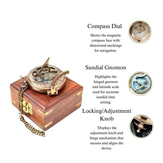 Messing Sonnenuhr Kompass mit Holzbox 7 cm Kompass für Männer Sohn Ehemann Freund Jubiläumsgeschenk für Ihn Hochzeitsgeschenk
