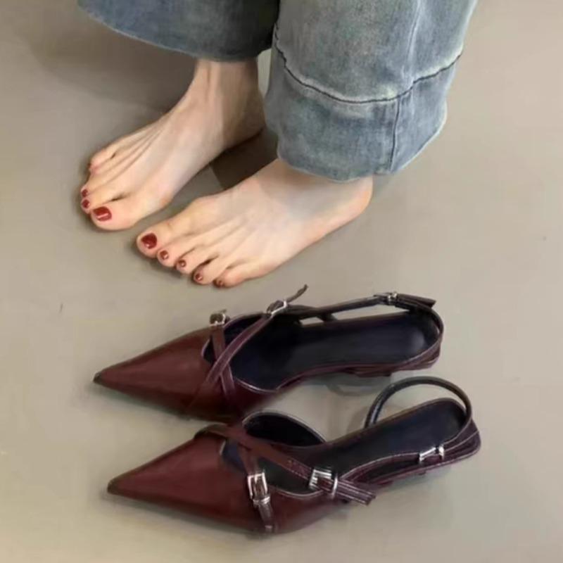 Summer New Baotou Sandals Women's Pointed Head Shallow Mouth Metal Buckle Soft Sole Anti-slip Wear-resistant Low Heel Shoes