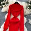 Autumn Spring Women Casual Stand Collar Full Sleeve Long Midi Knitted Sweater Pullover Dresses
