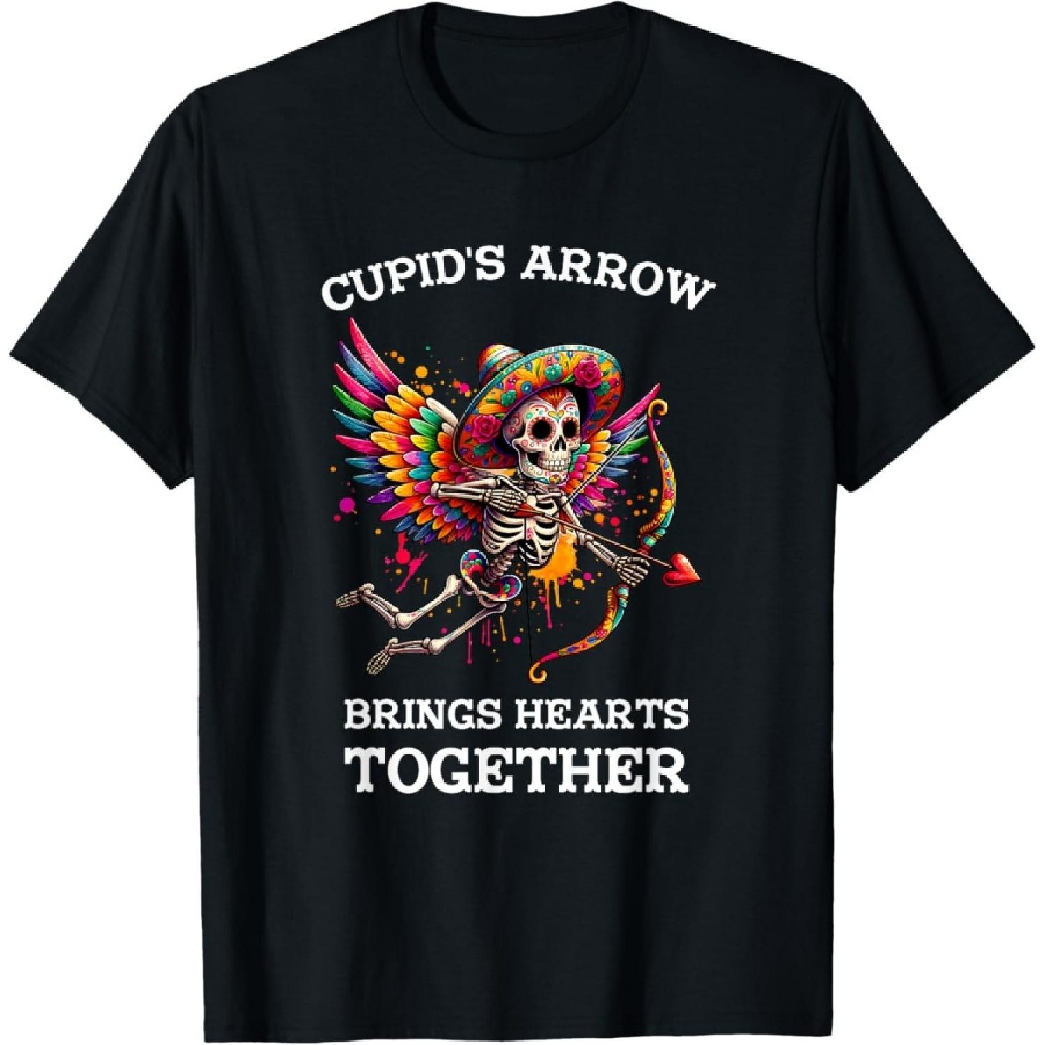 Cupids Arrow Brings Hearts Together Colorful Skeleton Art T-Shirt(4) S