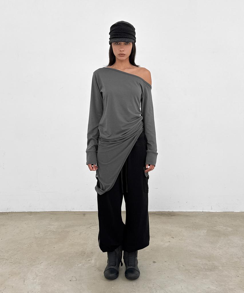 SANDRIC One-Shoulder Layered Tee_Charcoal