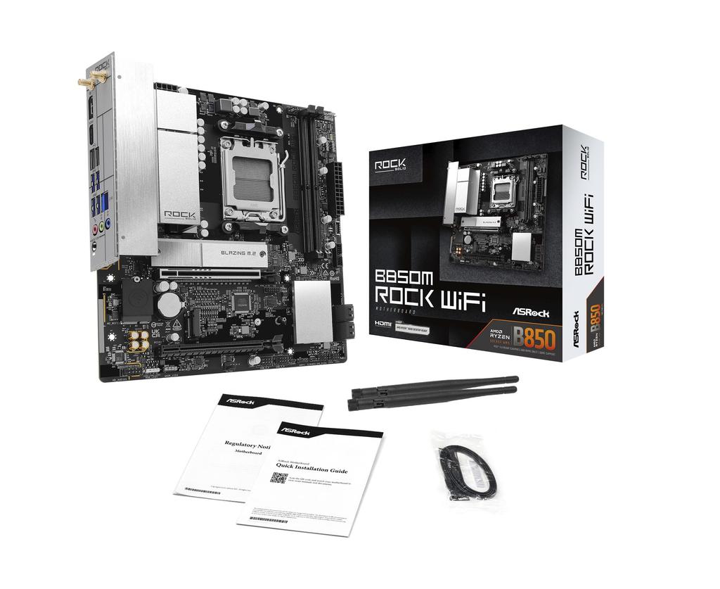 ASRock B850M Rock WiFi Motherboard, Compatible with AMD Ryzen 9000 8000 7000 Series CPUs (Socket AM5), DDR5 Micro ATX Motherboard [Authorized