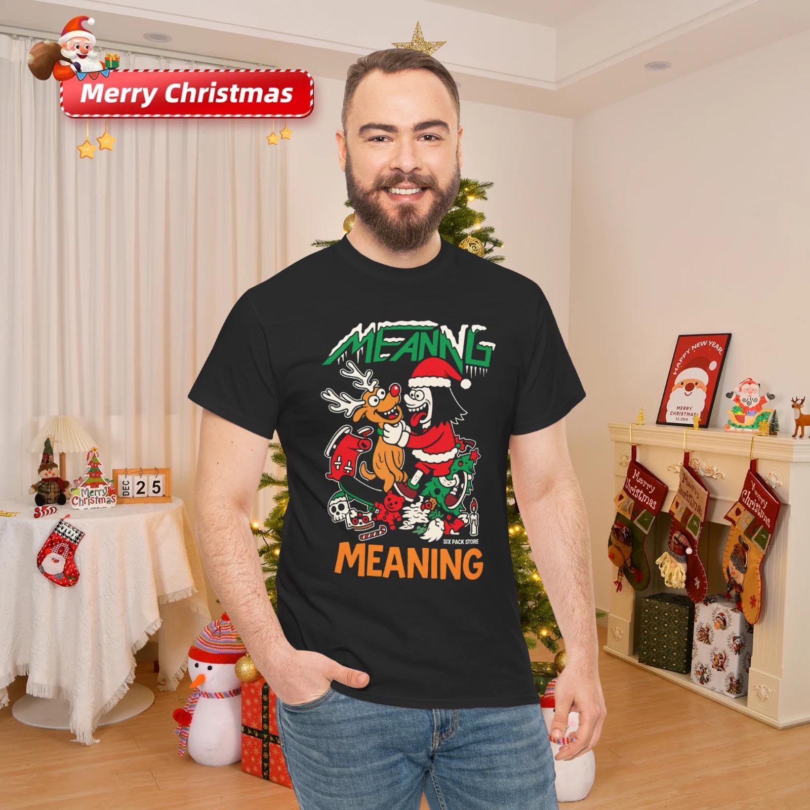 Funny Christmas Cartoon Santa and Reindeer Retro Holiday Graphic T-Shirt M