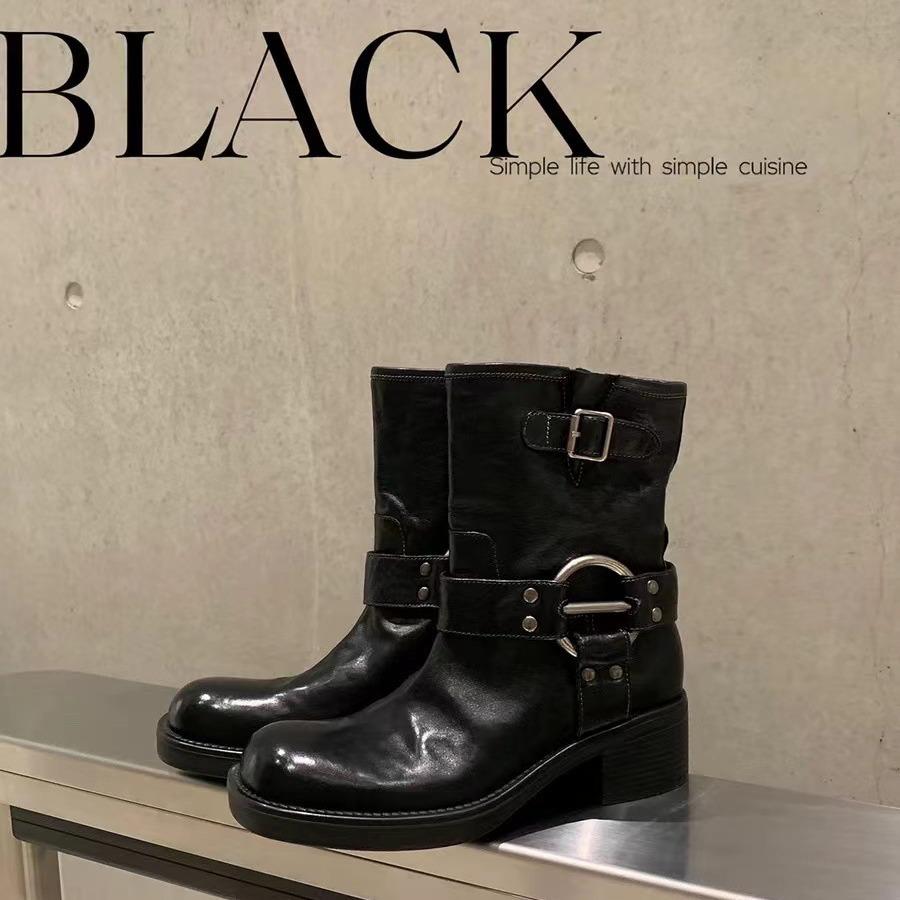 

Grape mom studiolee punk sweetheart~ trendy metal buckle round head retro locomotive thick heel western booties 40