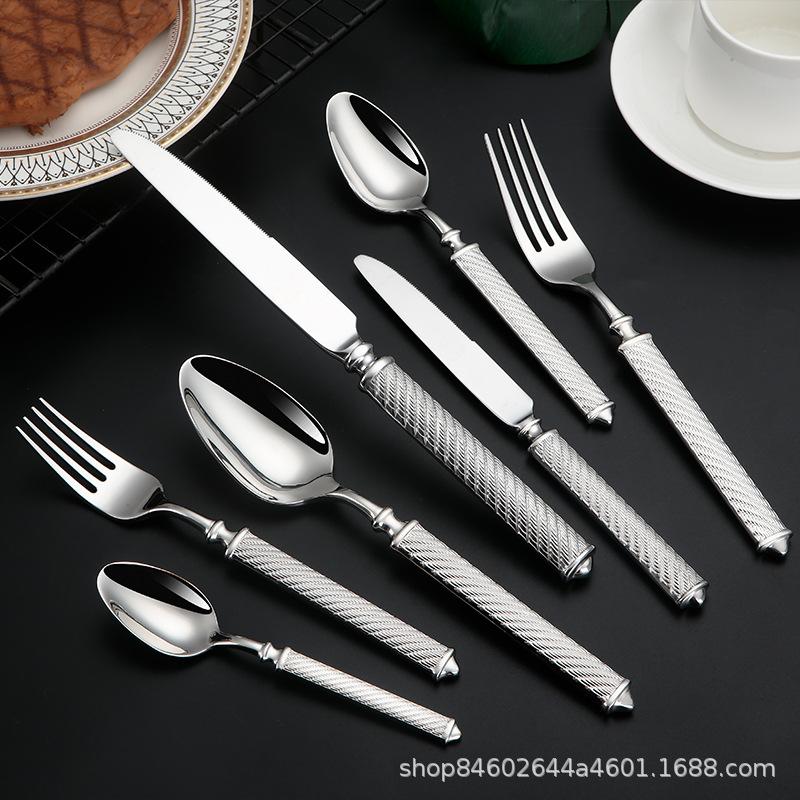 2024 New 304 Stainless Steel Western Tableware Knives, Forks, Spoons, Round Hemp Rope Creative Handle Hotel Restaurant