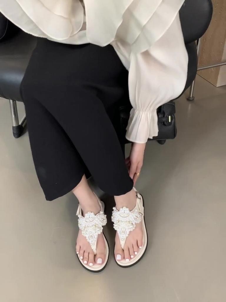 Fashion Beige Heeled Sandals Clear Shoes Slip-on Loafers Summer Women's Flip Flops Platform Soft Black Pearl Outside Elastic Band Girls