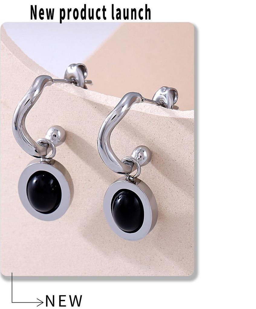 Qiong Yao European Oval Agate Earrings, 18K Gold-Plated Stainless Steel, Elegant and Exquisite Drop Design for Women